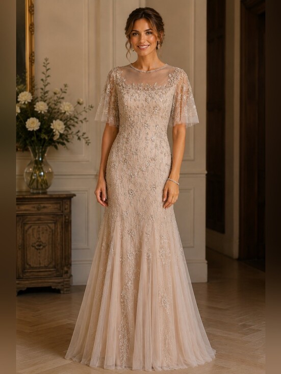 Adrianna Papell Dresses & Skirts - Adrianna Papell Biscotti Beaded Embellished Tulle Gown NWT Size 10 Ptp 18-19